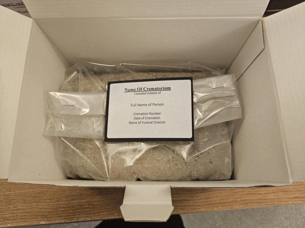 A bag containing cremated remains inside a cardboard box